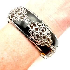 BRIGHTON Retired DYNASTY Hinged Bangle Bracelet Silver Crystal Black Enamel 7"